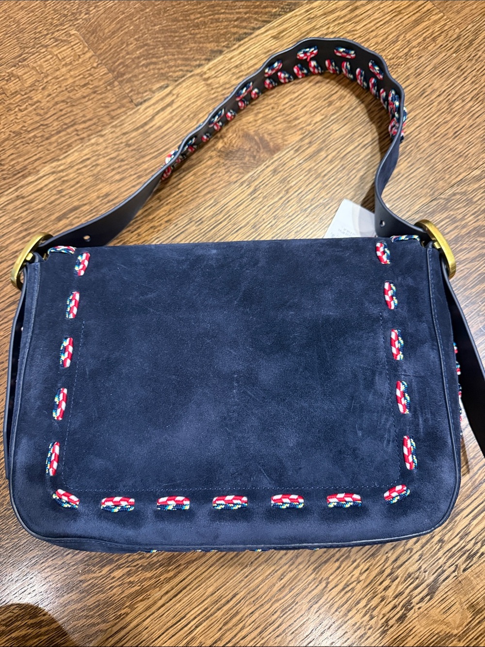 Tory Burch Navy Suede Shoulder Bag with Red-White Trim and Gold Buckle - Picture 2 of 4